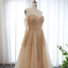 Luxury Champagne Gold Mermaid Evening Dress with Detachable Overskirt