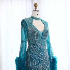 Luxury Beaded Sequined Mermaid Evening Dress with Cape Sleeves