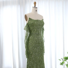 Luxury Strapless Green Evening Dress with Gloves