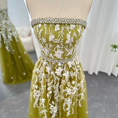 Luxury Strapless Olive Green Evening Dress for Women