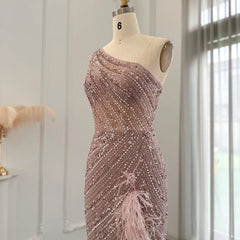 Luxury Pink One Shoulder High Slit Feathers Evening Dress