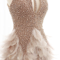 HELEN Luxury Feathers & Pearls Nude Short Cocktail Party Dress