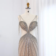 Luxury Crystal Tassel Sequined Silver Nude Evening Dress