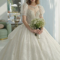 Elegant Short Sleeves Beaded Ball Gown Wedding Dress