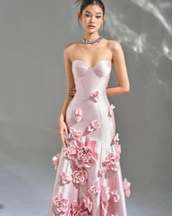 Luxury Women Pink 3D Flowers Satin Mermaid Evening Dress