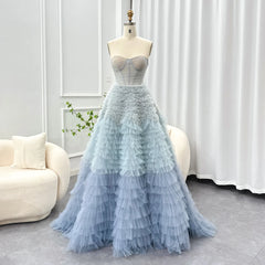 Luxury Blue Ombre Tiered Ruffles Evening Dress