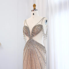 Luxury Crystal Tassel Sequined Silver Nude Evening Dress