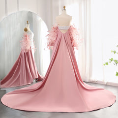 Luxury Pink Feathers Long Sleeves Sequined Evening Dress with Cape