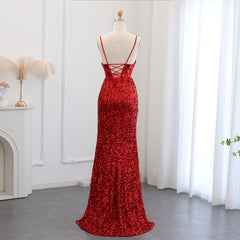 Luxury Spaghetti Straps Wine Red Sequin Prom Evening Dress