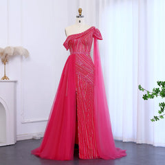 Luxury Elegant One-Shoulder Fuchsia Evening Dress with Cape Sleeve