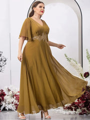 Plus Size V Neck Pleated Multicolor Chiffon Evening Dress