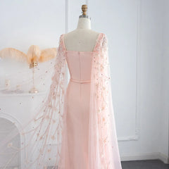 Luxury Pink 3D Flowers Evening Dress with Cape Sleeve