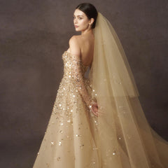 Luxury Champagne Gold Mermaid Evening Dress with Detachable Overskirt