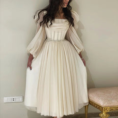 Long Sleeves Tea Length Beige Midi Evening Dress with Belt