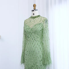 Luxury Beaded Feathers Sage Green Evening Dress