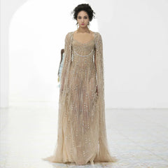 Luxury Exquisite Champagne Tulle Mermaid Evening Dress with Cape