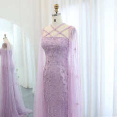 Luxury Aqua Lilac Mermaid Evening Dress with Cape Sleeves