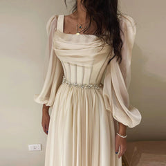 Long Sleeves Tea Length Beige Midi Evening Dress with Belt