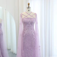 Luxury Aqua Lilac Mermaid Evening Dress with Cape Sleeves