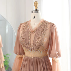 HELEN Luxury Peach Lace Beaded Evening Dress