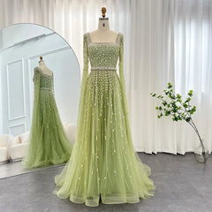 Luxury Square Neck Cap Sleeves Evening Dress