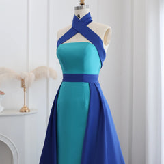 Luxury Royal Blue Criss Cross Halter Evening Dress with Overskirt