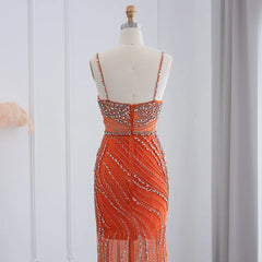 Luxury Crystal Orange Spaghetti Straps Mermaid Evening Dress