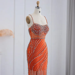 Luxury Crystal Orange Spaghetti Straps Mermaid Evening Dress