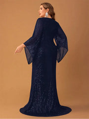 Plus Size Long Sleeve V Neck Evening Dress