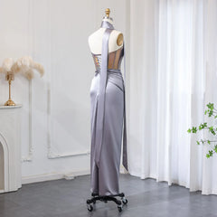 Luxury Elegant Strapless Gray Satin Evening Dress with Scarf