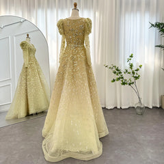 Luxury V-neck Long Sleeve Yellow A-line Evening Dress