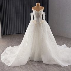 Women’s Royal Lace Beaded Ball Gown Wedding Dress with Detachable Sleeves