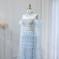 Luxury High Neck Light Blue Evening Dress with Cape Sleeves