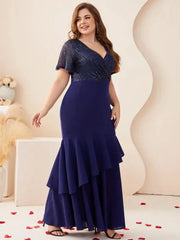 Plus Size V Neck Blue Short Sleeve Evening Dress