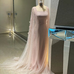 Luxury Pink 3D Flowers Evening Dress with Cape Sleeve