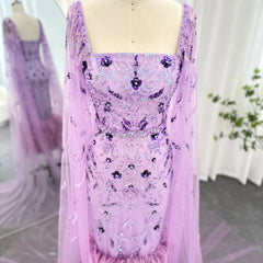 Luxury Feathers Lilac Evening Dress with Cape Sleeves