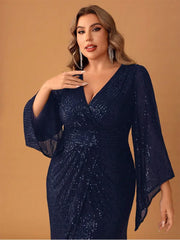 Plus Size Long Sleeve V Neck Evening Dress