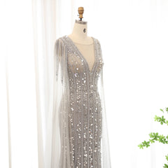 Luxury Elegant Silver Gray Mermaid  Evening Dress with Cape Sleeves