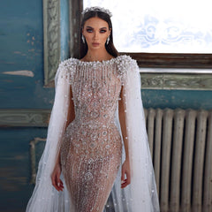 Luxury White Nude Mermaid Evening Dress with Cape Sleeves