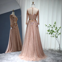 Elegant Long Sleeve Rose Gold Luxury Evening Dress