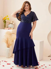 Plus Size V Neck Blue Short Sleeve Evening Dress