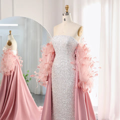 Luxury Pink Feathers Long Sleeves Sequined Evening Dress with Cape