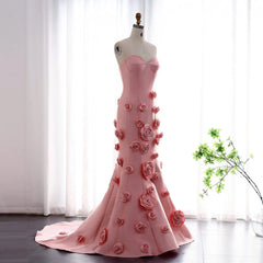 Luxury Women Pink 3D Flowers Satin Mermaid Evening Dress