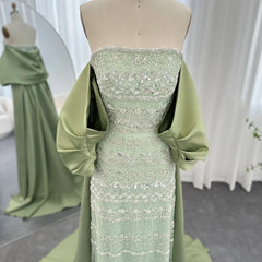 Luxury Sage Green Evening Dress with Cape