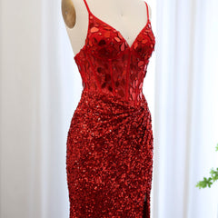 Luxury Spaghetti Straps Wine Red Sequin Prom Evening Dress