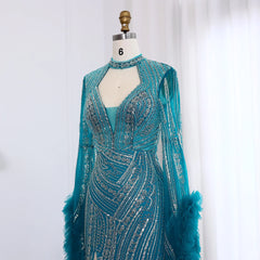 Luxury Beaded Sequined Mermaid Evening Dress with Cape Sleeves