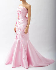 HELEN Luxury Pink 3D Flowers Evening Dress with Detachable Overskirt