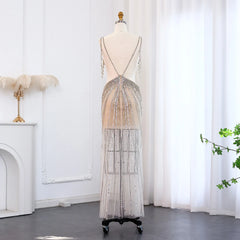 Luxury Crystal Tassel Sequined Silver Nude Evening Dress