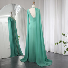 Luxury Turquoise Green Chiffon Evening Dress with Cape Sleeves