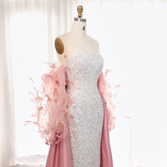 Luxury Pink Feathers Long Sleeves Sequined Evening Dress with Cape